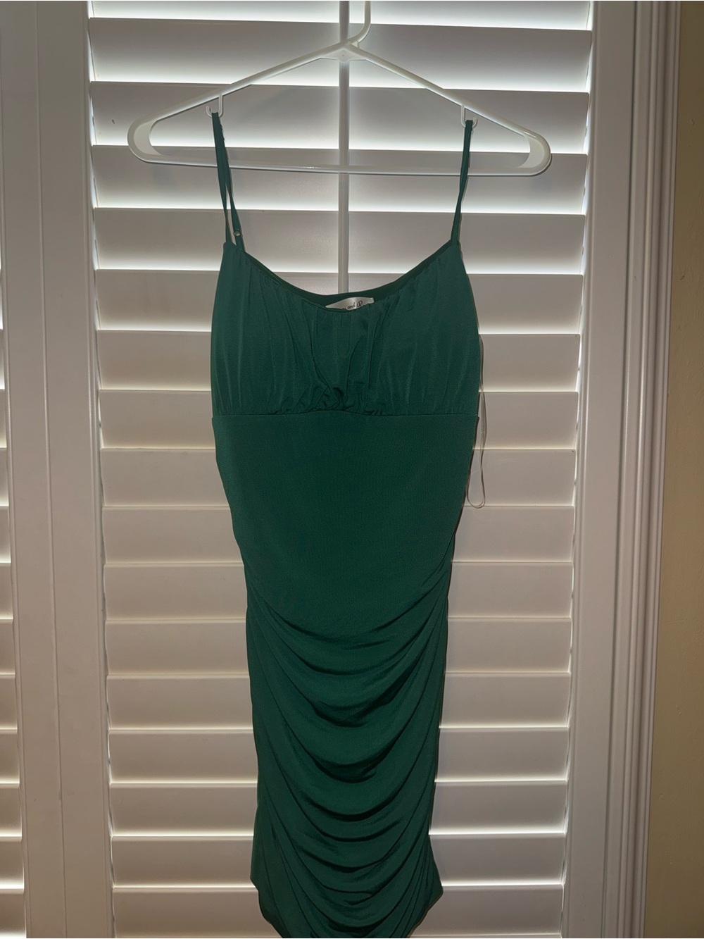 Honey and Rosie Emerald Green Spaghetti Strap Ruched Midi Dress